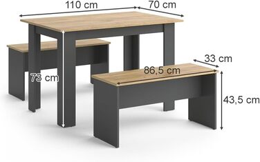 Набір обідніх столів Vicco Sentio, Дуб Антрацит/Голдкрафт, 110x70 см, в т.ч. 2 лавки