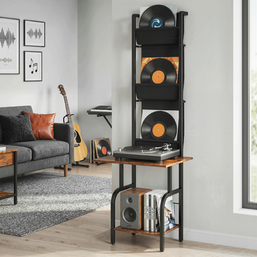 Індустріальна полиця для CD, зберігання CD та DVD з 3 текстильними кишенями та стільницею, у стилі рустикального дерева коричневого кольору