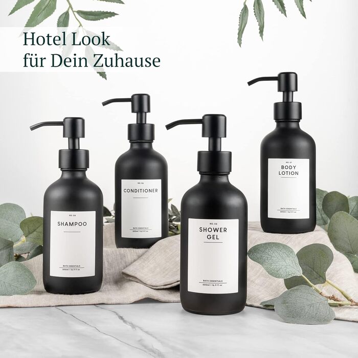 MONOKO Набір з 4 дозаторів для мила чорного матового кольору з скла, 500 мл | Дозатори для шампуню та мила для кухні | Нержавіюча сталь, з наліпками