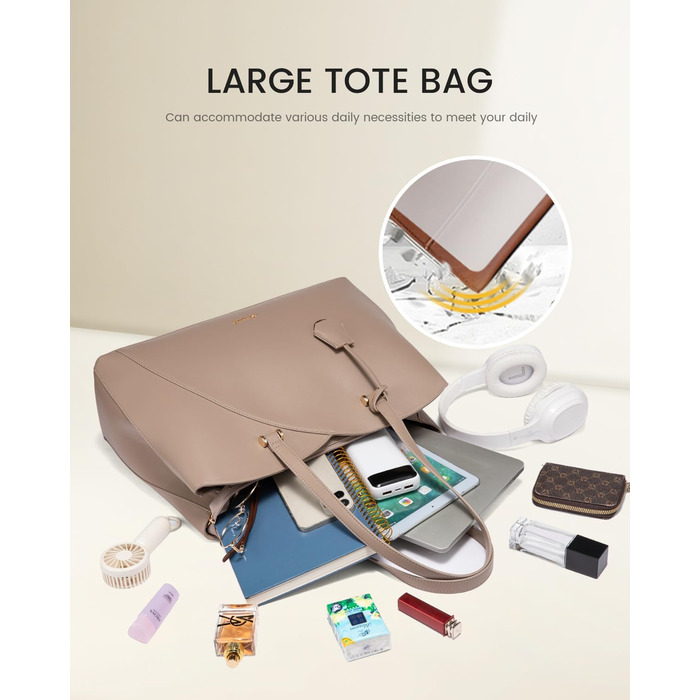 LOVEVOOK Сумка жіноча велика, шопер для ноутбука, сумка для роботи, офісна сумка, з PU шкіри, на плечі, для навчання, тоут-сумка для роботи, бізнесу, університету, школи (15,6 дюймів, тауп)