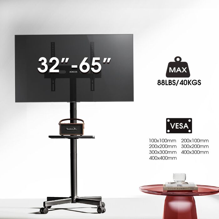 Підставка для телевізора на колесах для 32-65 дюймів, чорна, до 40 кг, VESA 400x400 мм