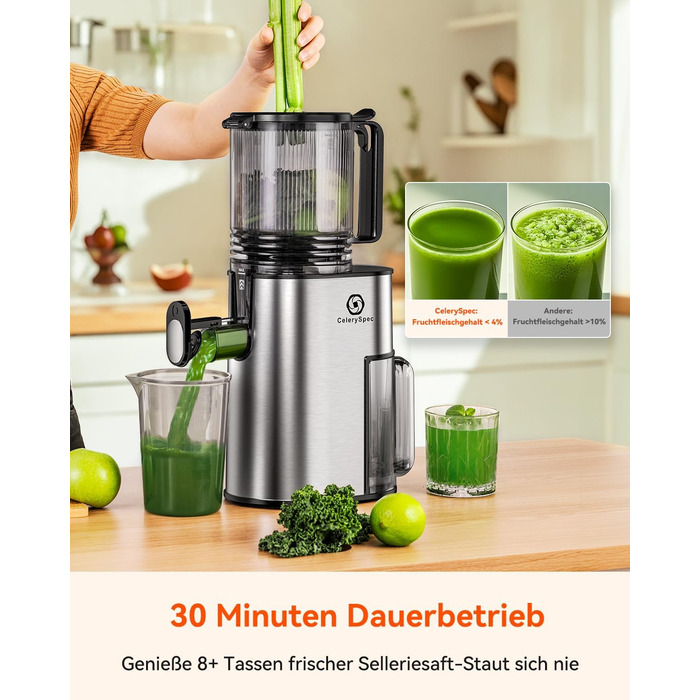 Шовковий відцентровий соковичавник - переможець тесту, для цілих овочів та фруктів, 130 мм завантажувальний отвір, 1.8л, BPA-free, 250W, функція зворотного ходу, легке очищення, нержавіюча сталь, чорний