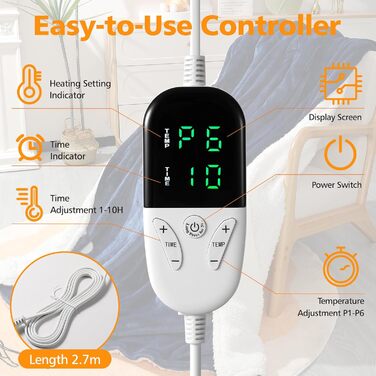 Електрична ковдра з таймером та пультом керування, 133x155 см, 6 режимів нагріву, машинне прання, сіра