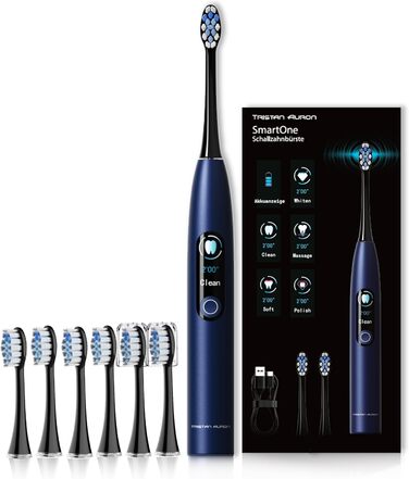 Електрична звукова зубна щітка Tristan Auron SmartOne (Блакитна) – 48 000 вібрацій, 5 режимів, дисплей, USB-C, акумулятор на 6-8 тижнів, IPX7, 6 насадок з чохлом