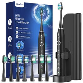 Електрична зубна щітка зі звуковими вібраціями, 8 насадок (3 типи), таймер, 120 днів роботи від акумулятора, 5 режимів чищення, чохол для подорожей, заряджна станція (чорний)