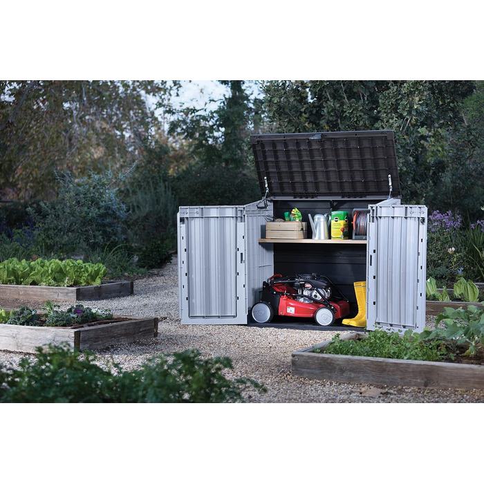 Keter Store It Out Nova пластиковий садовий сарай, 132x71,5x113,5 см, 880 л, для 2 сміттєвих баків по 120 л, вуличний, захист від негоди, замикається, світло-сірий