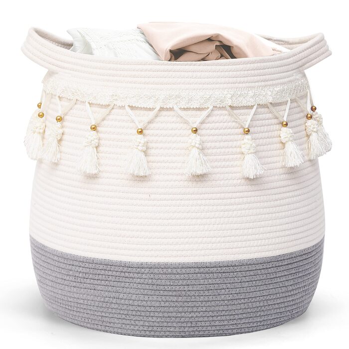 Великий кошик з бавовняного мотузка, плетений кошик для іграшок, білизни та ковдр, круглий кошик для подарунків з ручками для дитячої кімнати D45xH43CM (світло-сірий)