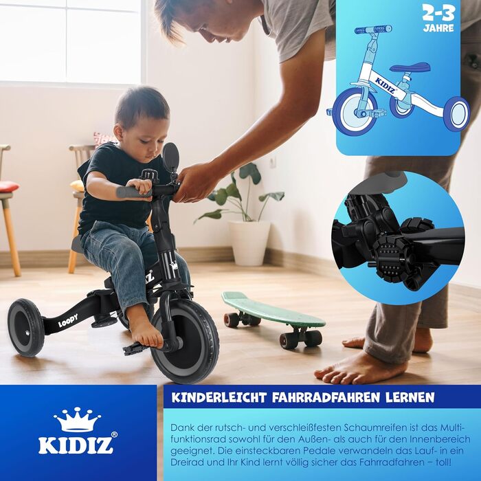 Біговел-триколіс KIDIZ 6-в-1 для дітей 1-5 років до 25 кг, з ручкою, захисним бампером, ременем безпеки, дзвінком та дзеркалом (Антрацит)