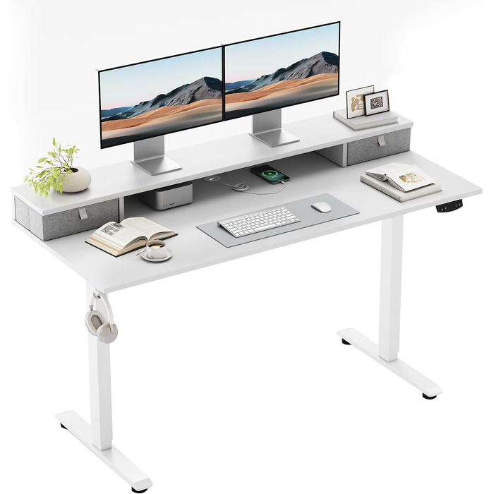 Регульований за висотою стіл Klicelor з двома висувними ящиками, електричний, для роботи стоячи, ергономічний, 100 x 60 см, білий