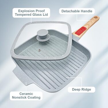 Сковорода-гриль індукційна з кришкою 26 x 24 см, антипригарне покриття кераміка, ручка знімна, для всіх типів плит (Блакитна)