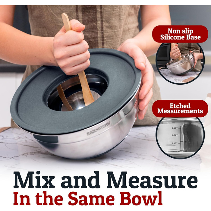 Набір місок для змішування Priority Chef з кришками, 6 шт. з неслизьким дном, набір місок з нержавіючої сталі, 6 герметичних кришок та 3 тертки, колір бірюзовий (Getaway Solids) (Сірий)