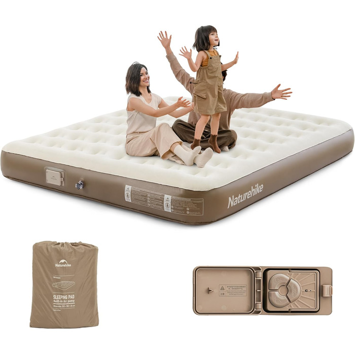 Надувна матрац Naturehike для 2 осіб з електричним насосом, 200x150x25 см. Самостійно надувний, преміум-якість, для кемпінгу та дому. Колір: коричневий