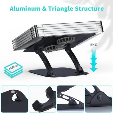 Регульована підставка для ноутбука з RGB вентилятором, складана з алюмінієвого сплаву, вентильована, ергономічна, сумісна з MacBook, 10-17'' (чорний)