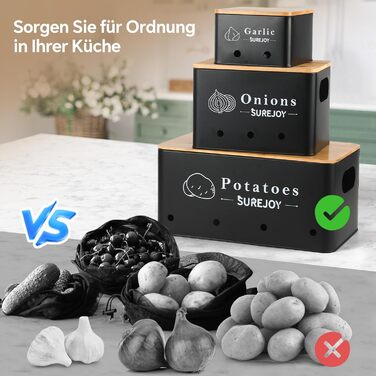 Набір контейнерів для зберігання овочів Surejoy, 3 шт: картопля, цибуля, часник, чорні, кухонний органайзер