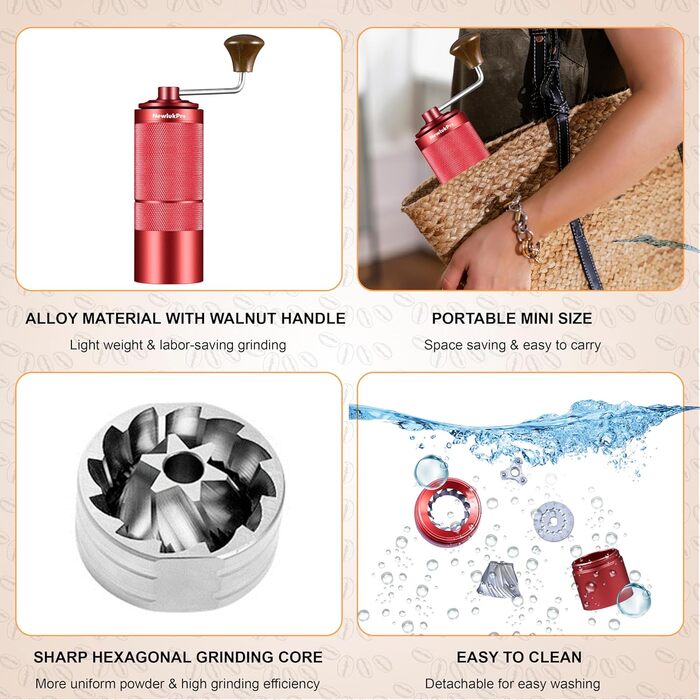 Ручна кавомолка M6 для приготування еспресо, 25г, з шліфувальним механізмом Hexagonal, портативна, червона