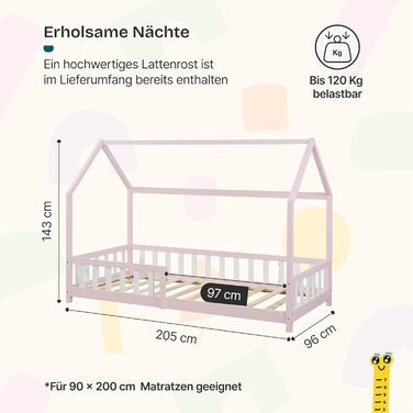 Дитяче ліжко en.casa Hesel для дітей, рожеве, 90x200 см, з бортиками та ламелями, Montessori, дерев'яне, Hausbett