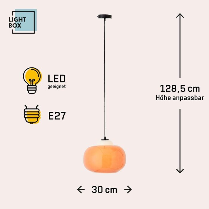 Вінтажний підвісний світильник, помаранчевий, скло/метал, Ø 30 см, регулюється по висоті, цоколь E27
