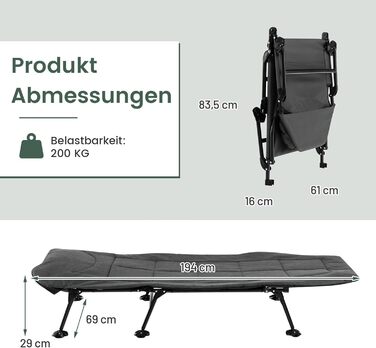 Складане ліжко для риболовлі та кемпінгу GOPLUS, посилене (до 200 кг), з регульованою спинкою (6 позицій) та спеціальними опорами для м'якого ґрунту, сіре