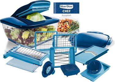 Набір для нарізки овочів Nicer Dicer Chef 15 елементів: нарізник, шинкувальник, нарізник для салату, кубик-нарізник, нарізник для картоплі фрі, хвилястий нарізник, мульти-подрібнювач для фруктів та овочів, кухонний аксесуар з рецептами (блакитний)