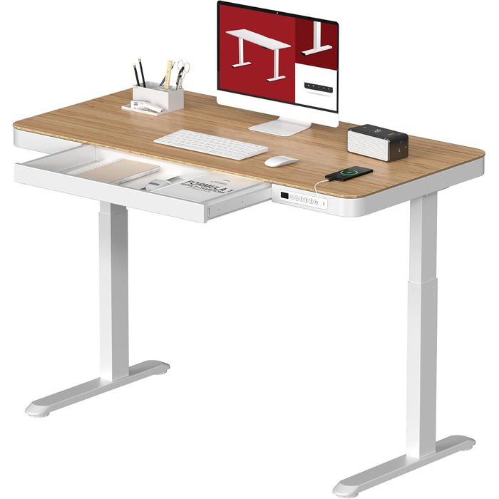 Електричний регульований стіл Sanodesk з ящиком, сенсорним керуванням та USB-портами, 120 x 60 см, білий стіл та рама, білий + білий (Ahorn + білий, 120 x 60 x (73.5-118) см)