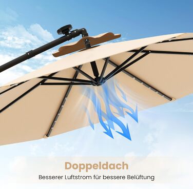 Парасолька від сонця COSTWAY 300 см з підставкою та LED-підсвіткою, бежева — садова парасолька-ампел з ручкою-коробкою та UV-захистом для тераси, басейну та двору