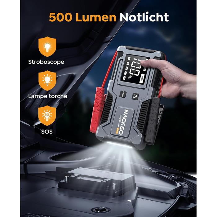 Powerbank Starthilfe 6000A: Зарядний пристрій для автомобіля 12V (до 9L бензин, 7L дизель) з кабелем, LED-лампою та дисплеєм – для SUV, мотоциклів, газонокосарок