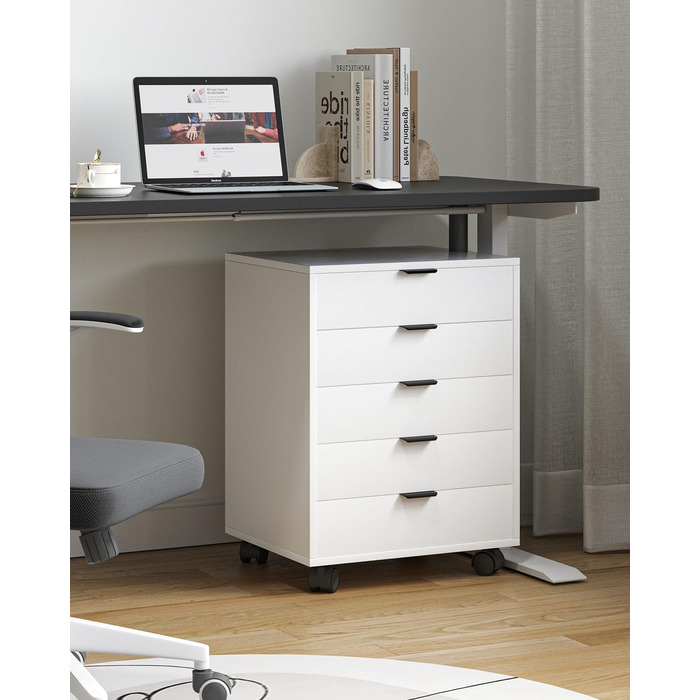 Шафа-тумбочка ELUCHANG з 5 висувними ящиками, мобільна, для офісу та дому, біла