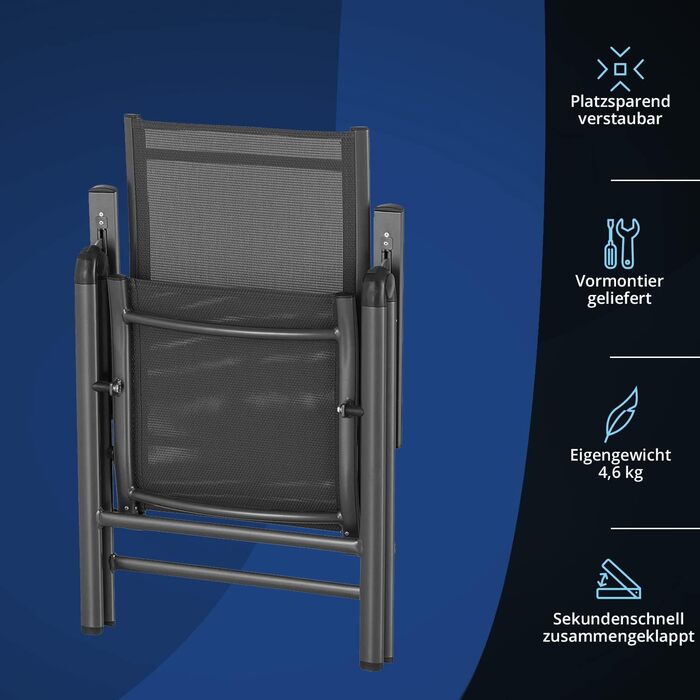 Садовий стілець KHG Складаний стілець Alu з високою спинкою, регульована спинка в 8 напрямках з підлокітником, антрацитово-сірий атмосферостійкий до іржі, 120 кг з можливістю завантаження, балконний стілець, попередньо зібраний, пластикова тканина (2 шт. 