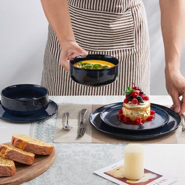 Набір посуду Joyfair на 6 осіб (18 предметів) з кераміки, блакитного кольору. Тарілки, миски, глибокі тарілки. Для мікрохвильовки та посудомийної машини.