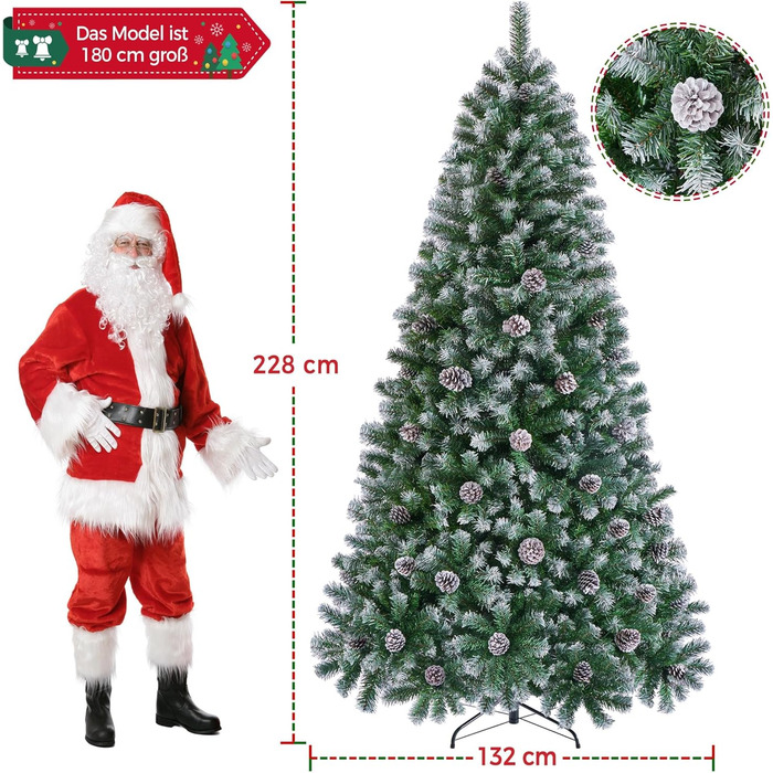 Штучна ялинка Yaheetech зі снігом та 64 шишками, 228 см, 920 гілок, вогнестійка, з металевим підставкою та системою швидкого складання