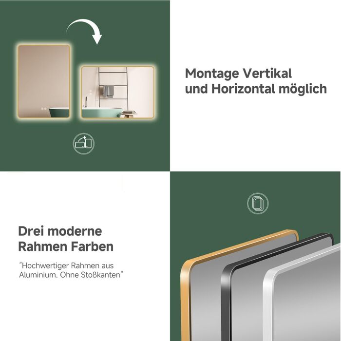 Дзеркало для ванної кімнати HOKO LED Texas 60x80 см з підсвічуванням, нагрівом проти запотівання та чорним металевим каркасом. Можливість монтажу "вверх-вниз". Сенсорне управління, зміна кольору світла 2700-6500K (тепле, холодне, нейтральне біле