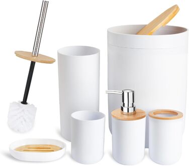 CERBIOR Набір аксесуарів для ванної кімнати з бамбука, 6 предметів: мильниця, тримач для зубних щіток, стакан для ополіскування, дозатор для лосьйону, флакон, сміттєвий бачок, щітка для унітазу, білий