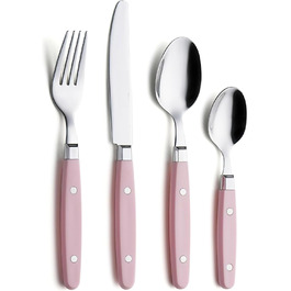 EXZACT Набір столових приборів 24 шт. з нержавіючої сталі, з ручками з заклепками/Столові прибори в ретро-стилі - 6 виделок, 6 ножів, 6 ложок, 6 чайних ложок - Рожевий