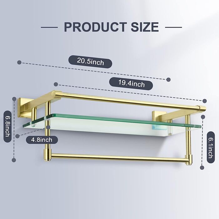 Скляна перегородка для ванної кімнати SFGSOWOR, вішалка для рушників / вішалка для рушників SUS304, настінна, загартоване скло, нержавіюча сталь, надміцна полиця для зберігання, матова обробка (матове золото)