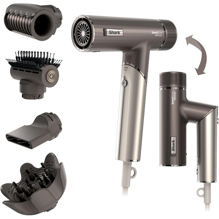 Фен Shark SpeedStyle Pro FLEX: потужний, з 4 насадками, для всіх типів волосся, Mocha Silver HD542EU