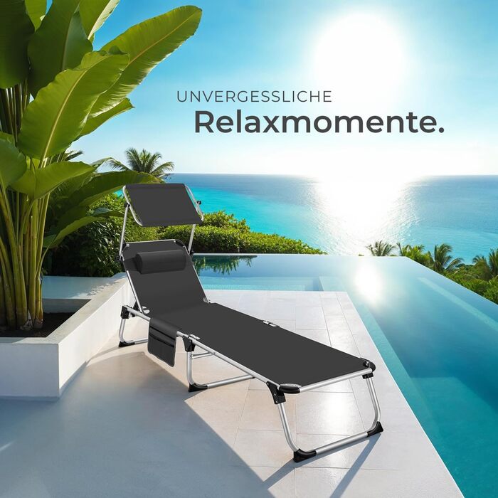 Шезлонг Tectake® з дахом: легкий, розкладний, для балкона, саду, кемпінгу та пляжу. Алюмінієвий, сірий меланж (чорний)