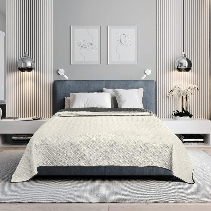 Плед Woltu 170x210 см, двосторонній, темно-сірий+кремовий, мікрофібра, двостороння ковдра для ліжка/дивану