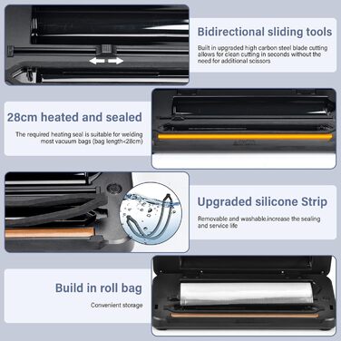 Вакууматор 8-в-1 для сухої та вологої їжі, вакуумний пакувальник 80 кПа з вбудованим різаком, відсіком для пакетів та цифровим таймером (Чорний)