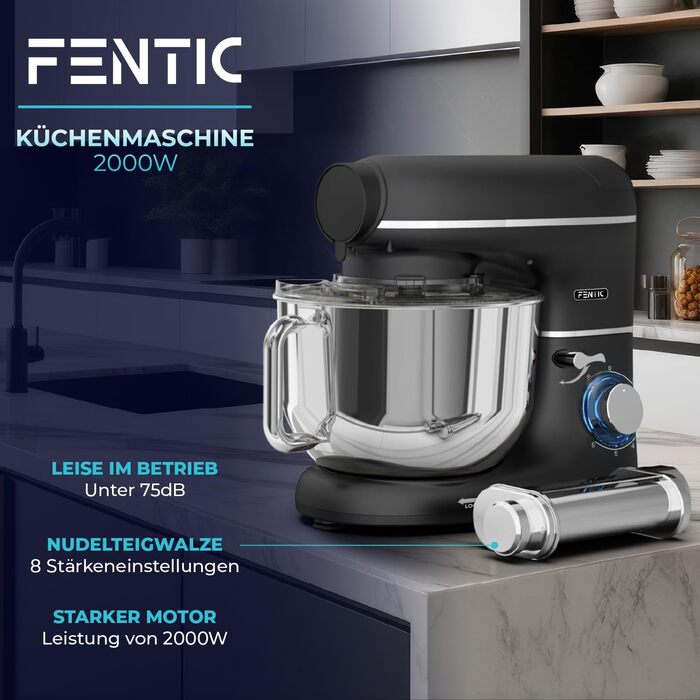 Кухонний комбайн з машиною для пасти – 2000W, електричний, з чашею 6.2L з нержавіючої сталі (чорний)