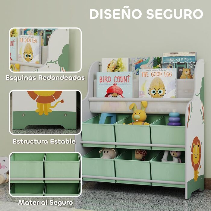 Організатор для іграшок AIYAPLAY з 6 коробками з фетру, 2 полиці, для дитячої кімнати, 63x30x71 см, зелений