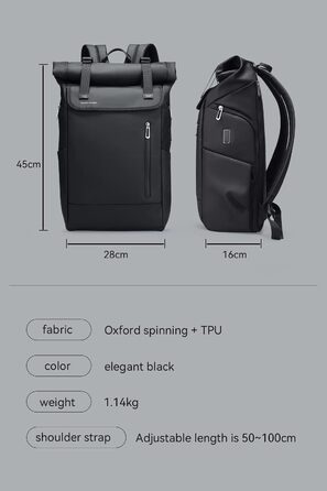 Рюкзак Rolltop чоловічий, водонепроникний, 20L-29L, для ноутбука 17.3', з USB, чорний, для жінок і чоловіків