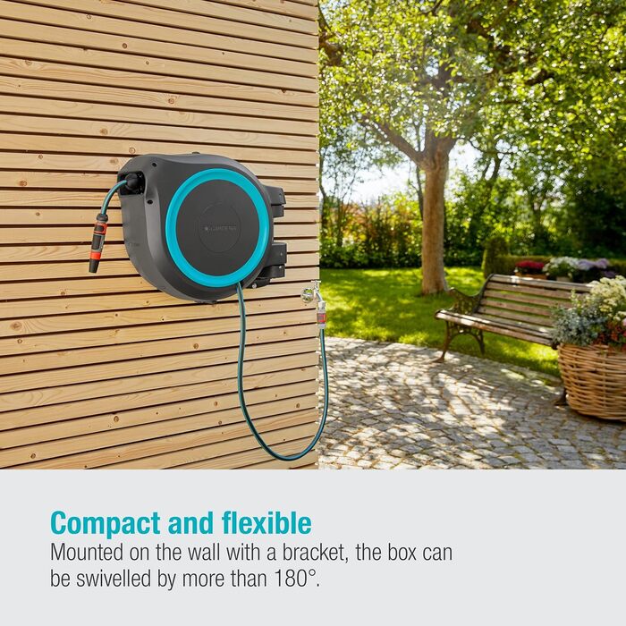 Шланг садовий Gardena RollUp L (бірюзовий) 30 м: гнучкий полив для великих садів, поворотна коробка для шланга, з шлангом Gardena 30 м та монтажними аксесуарами (18625-20)