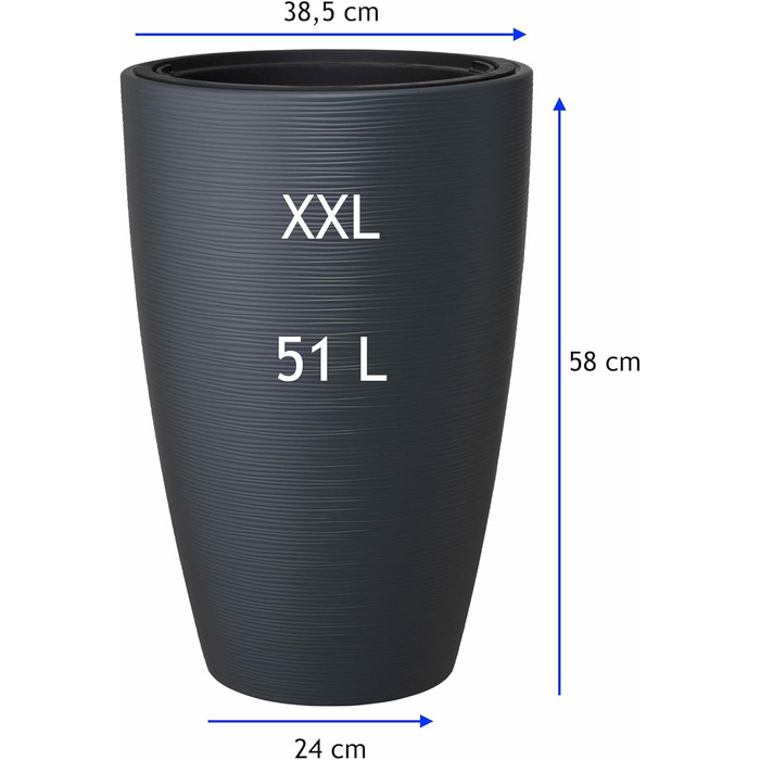 Горщик для квітів MELTOM Blumenkübel, XXL-58см, антрацит, знімний вкладиш, горизонтальні смуги