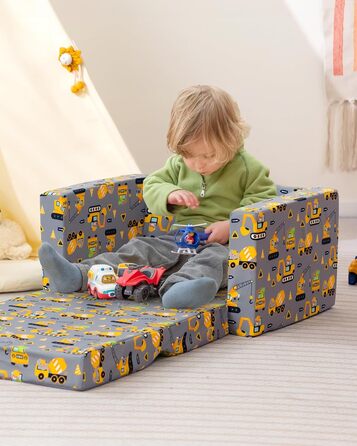 Дитяче диван-ліжко BEJOY 2 в 1: диванчик та крісло, Sherpa, сірий з машинками для дитячої кімнати, подарунок