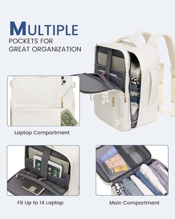 Рюкзак LOVEVOOK для ручної поклажі 40x30x20, дорожній рюкзак для жінок та чоловіків, ручна поклажа, рюкзак для подорожей 24л для 14-дюймового ноутбука, рюкзак-валіза з USB для роботи, бізнес-подорожі (40 x 20 x 25 см (14 дюймів), Бежевий)