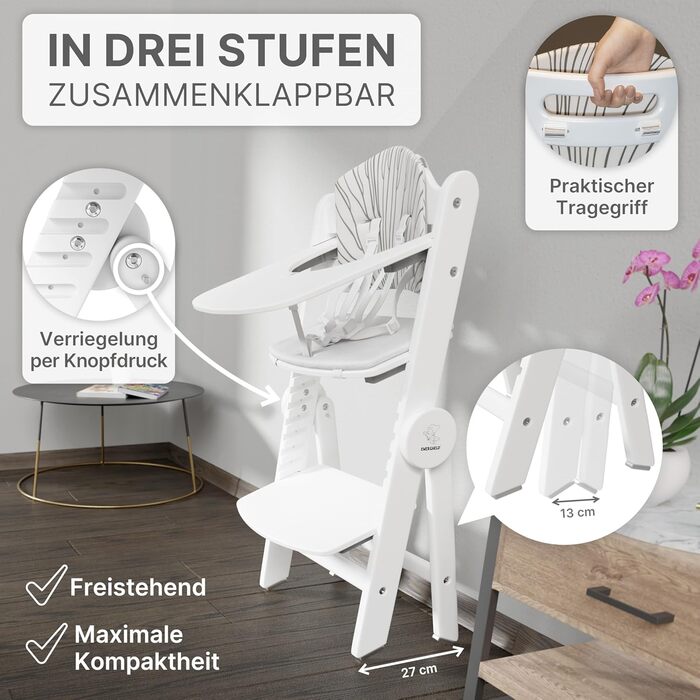 Дитячий стільчик ZWERGHELD® ZS3 Set - преміум якість, з регулюванням, для дітей від 6 місяців, до 90 кг, з підносом, дерев'яний (натуральний колір, білий)