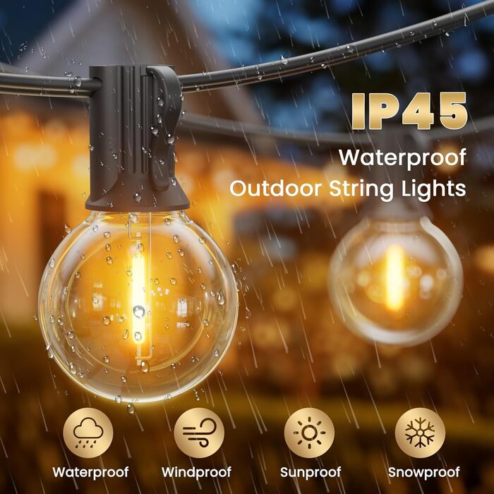 Льо́нточна гiрля́нда для зовнiшнього використання 30м, 50+2 лампочки G40, тепле бiле свiтло, IP45, для терас, вечiрiнок, саду та балкону, стиль Едiсона, з'єднувальна, чорний колір