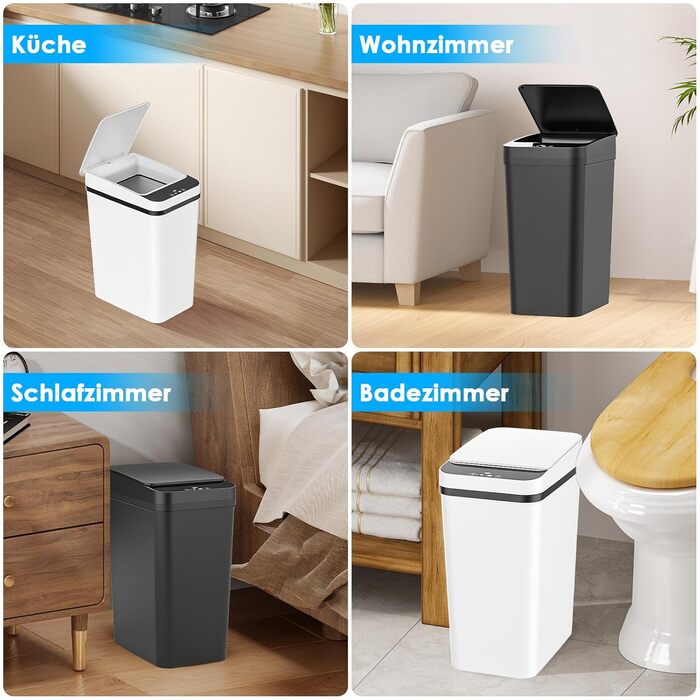 Набір з 2 відер для сміття Dreamhigh® з датчиком, 12 л, електричні, автоматичний кришка, розумні, 3 режими відкривання, тихі, водонепроникні для кухні, ванної кімнати, офісу, вітальні (Чорний + Білий)