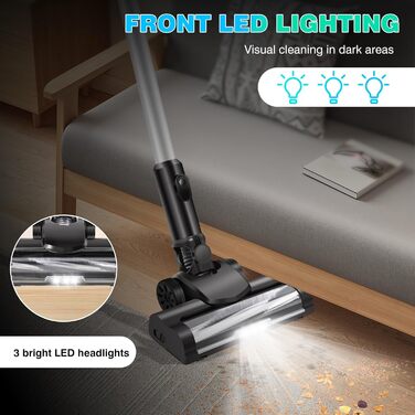 Акумуляторний пилосос 10-15Kpa з 2 режимами, 2 x 3000mAh акумулятори, 140W, LED-щітка, 2-в-1, довга насадка, ручний пилосос з 2 акумуляторами