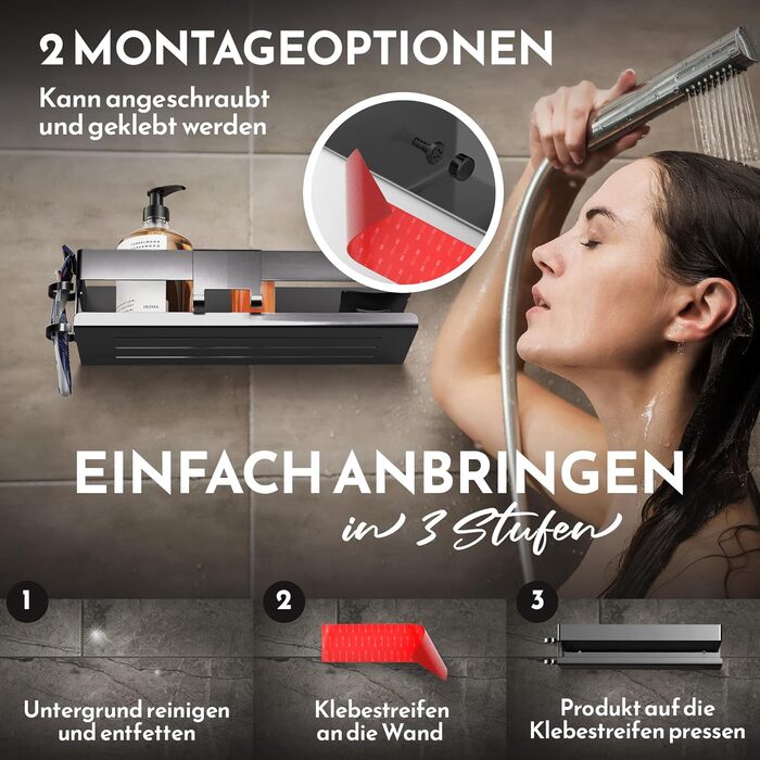 Набір для зберігання в душі Henal 5 в 1: поличка, тримач для бритви, скребок для скла, мильниця та гачки. Організатор для ванної кімнати XXL, не потребує свердління, з нержавіючої сталі, матовий чорний